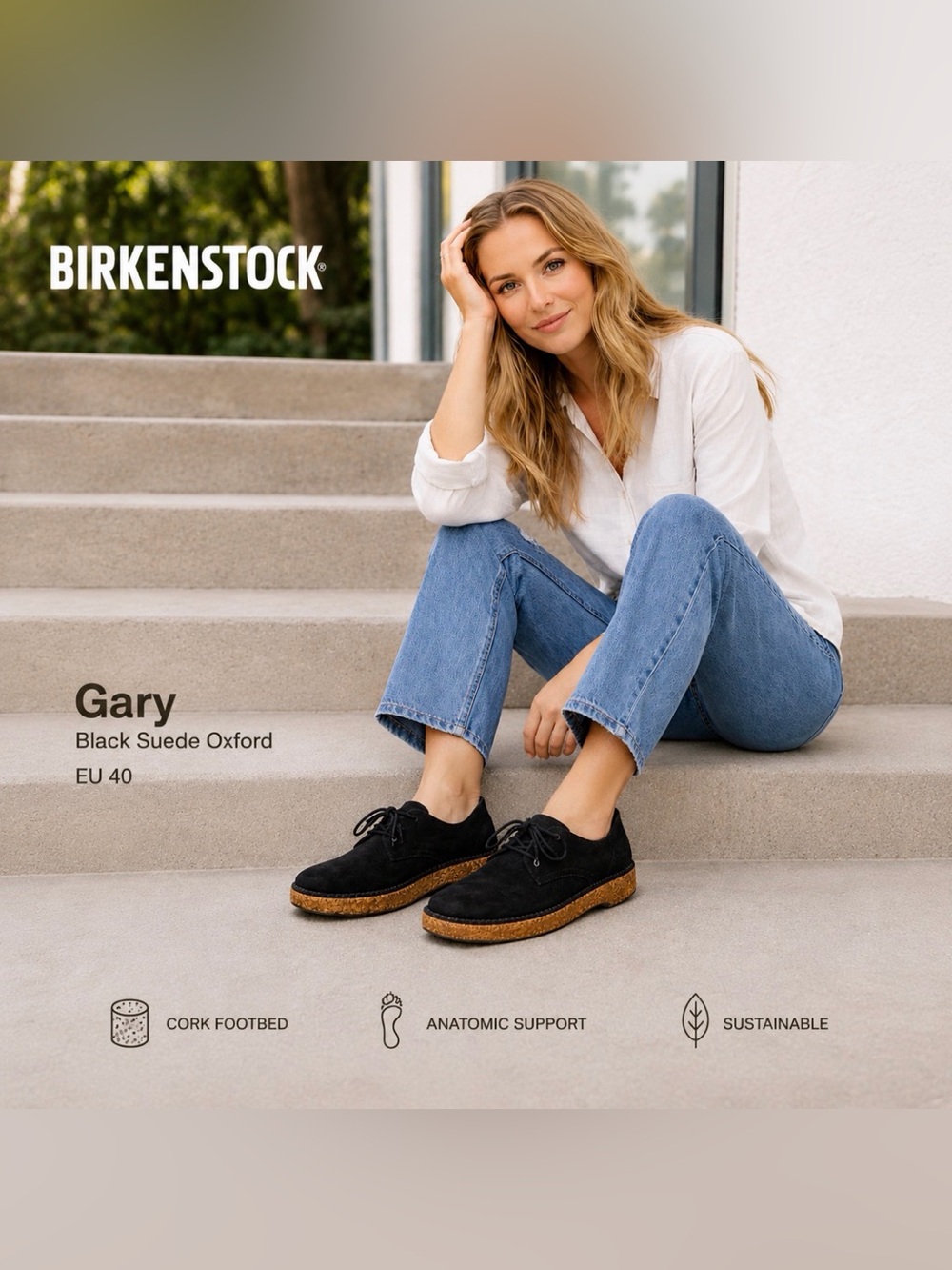 Birkenstock Gary Black Suede Oxford Shoes EU 40 Cork Lace Up Minimalist Comfort